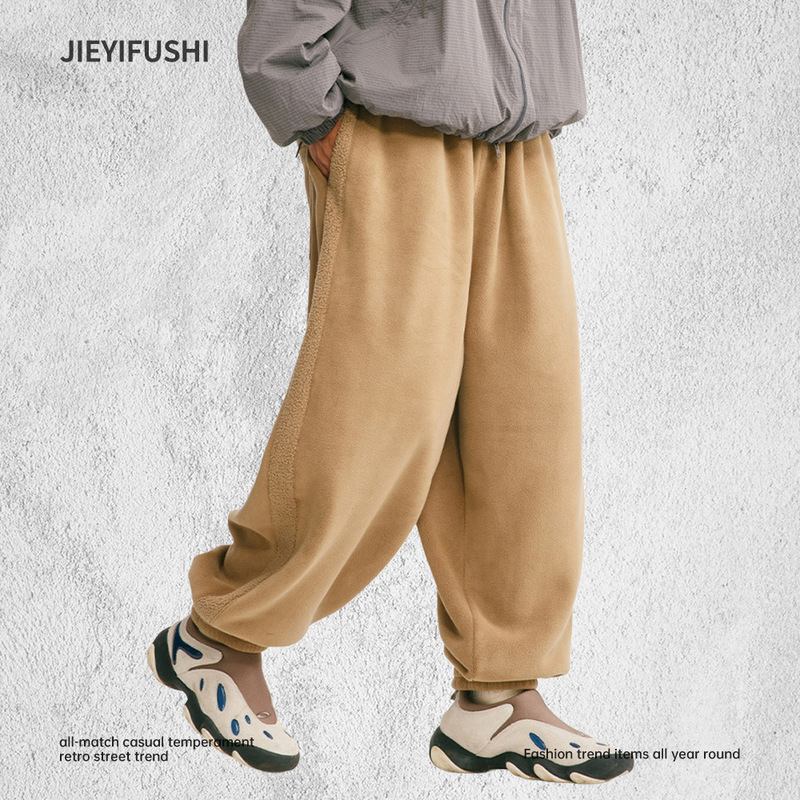 Teddy Velvet Thickeneded Warm Leggings Casual Pants for Boys Winter American Street Loose Sweatpants Pure Color Sports Pants