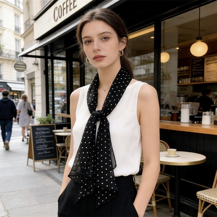 French Hepburn Style Mulberry Silk Summer Vacation Versatile Retro Polka Dot Oblique Scarf For Women