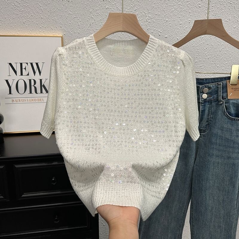 Summer Knitwear Short-Sleeved T-Shirt, Stylish and Versatile, Round-Neck Sweater, High-End Heavy-Duty Sequined Sparkling Top for Women Summer Knitwear Short-Sleeved T-Shirt, Stylish and Versatile, Round-Neck Sweater, High-End Heavy-Duty Sequined Sparkling Top for Women