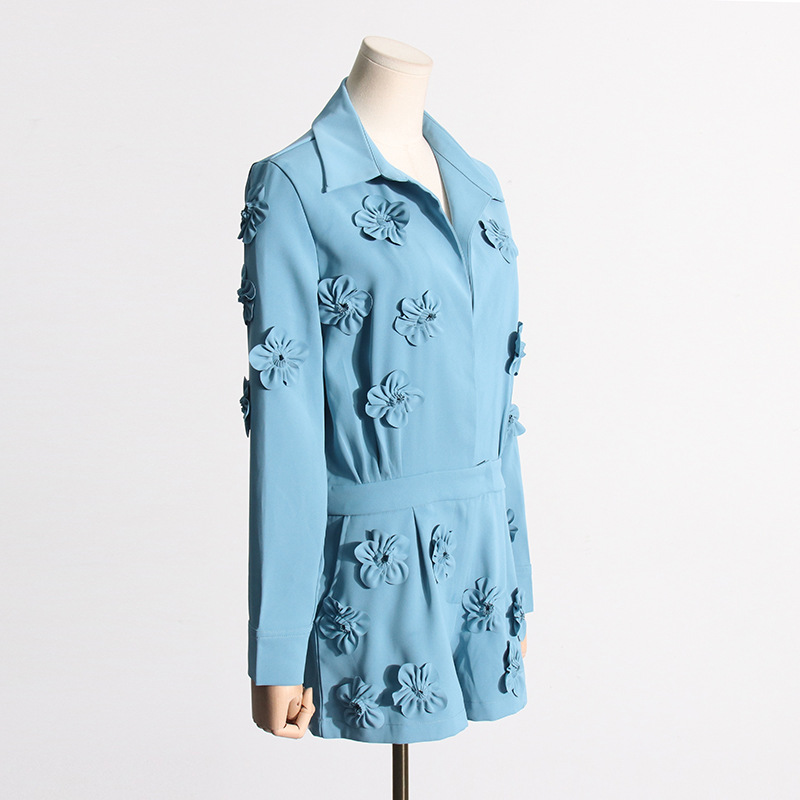 2024 primavera nueva moda elegante diseño de flores tridimensionales cintura apretada adelgazamiento mono pantalones cortos transfronterizos europeos y americanos