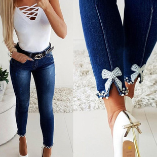 Factory Direct Sales Cross-Border European and American Slim Jeans for Women Slimming Butterfly Sticky Flower Beaded Slit Pencil Trousers for Small Feet