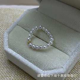 天然白珍珠淡水珍珠正圆小米珠baby全珠戒指18k金球迷你软戒