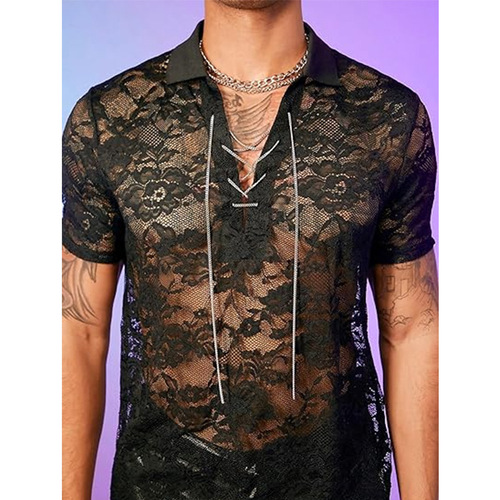  men's black lace singers jazz dance shirts see throug hot pole dance  short sleeved tops nightclub stage performance dress lace shirt retro 70s disco party tops