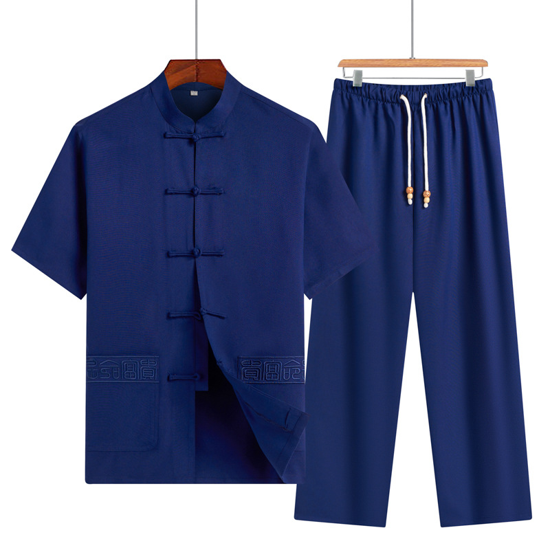 dad Summer wear Aged Short sleeved Tang costume suit Middle and old age grandpa summer clothes Cotton and hemp Chinese style men's wear