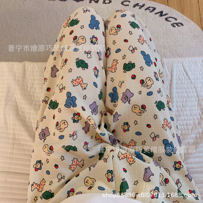 Pantalones de dibujos animados lindos pantalones de pijama elásticos de cintura estudiantil en casa pantalones largos de primavera y otoño de verano para mujeres pantalones casuales