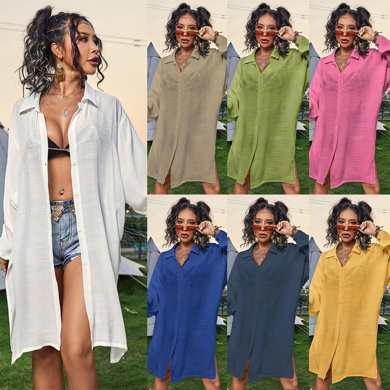 Cross-border New Slub Cotton Long-sleeved Shirt Beach Blouse Holiday Sun-protective Shirt Bikini Swimwear Cardigan