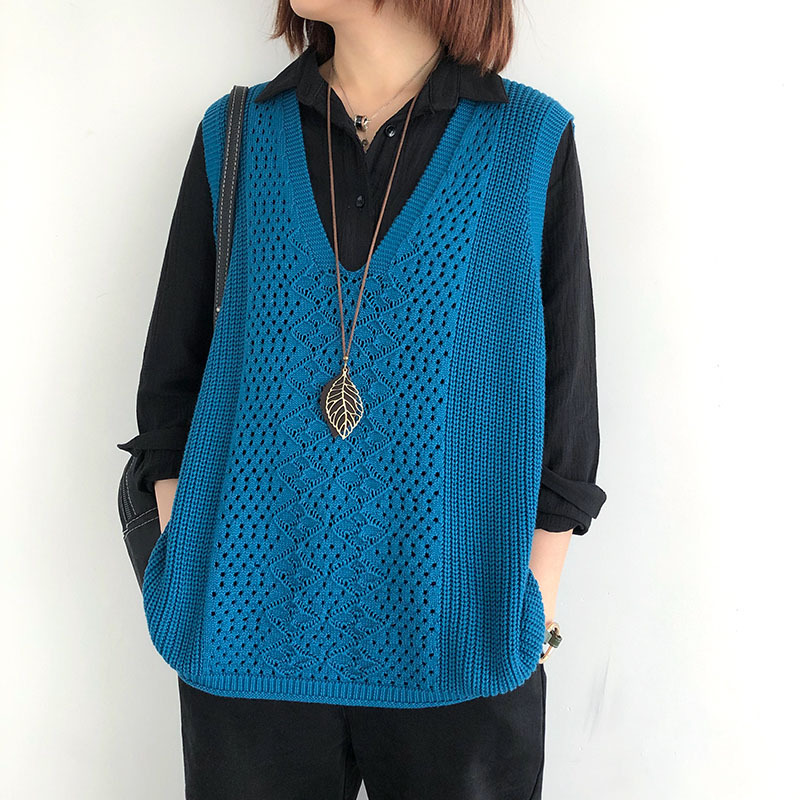 Vintage Artistic Sleeveless Sweater Women's Knitted Vest Spring and Summer New Outer Wear Thin Hollow V-neck Waistcoat