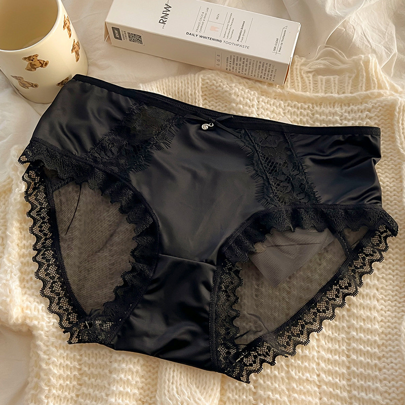 女性用フレンチサテンまつげレース下着、ピュアセクシーメッシュミッドウエストマルベリーシルクボトムクロッチレディースブリーフ|undefined