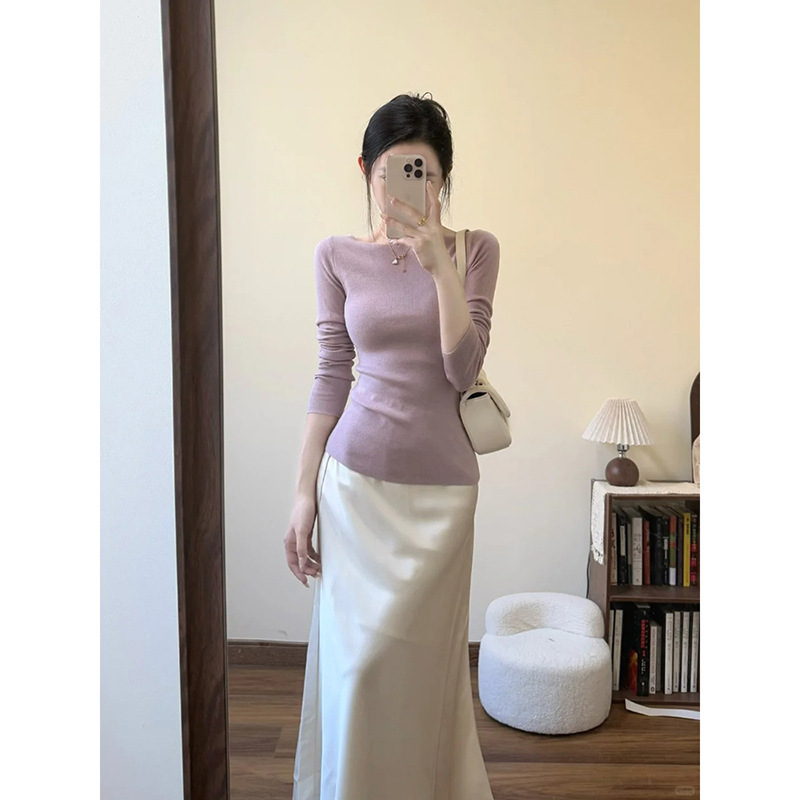 法式紫色一字肩修身羊毛针织衫女两件套温柔风打底毛衣高级感上衣|undefined