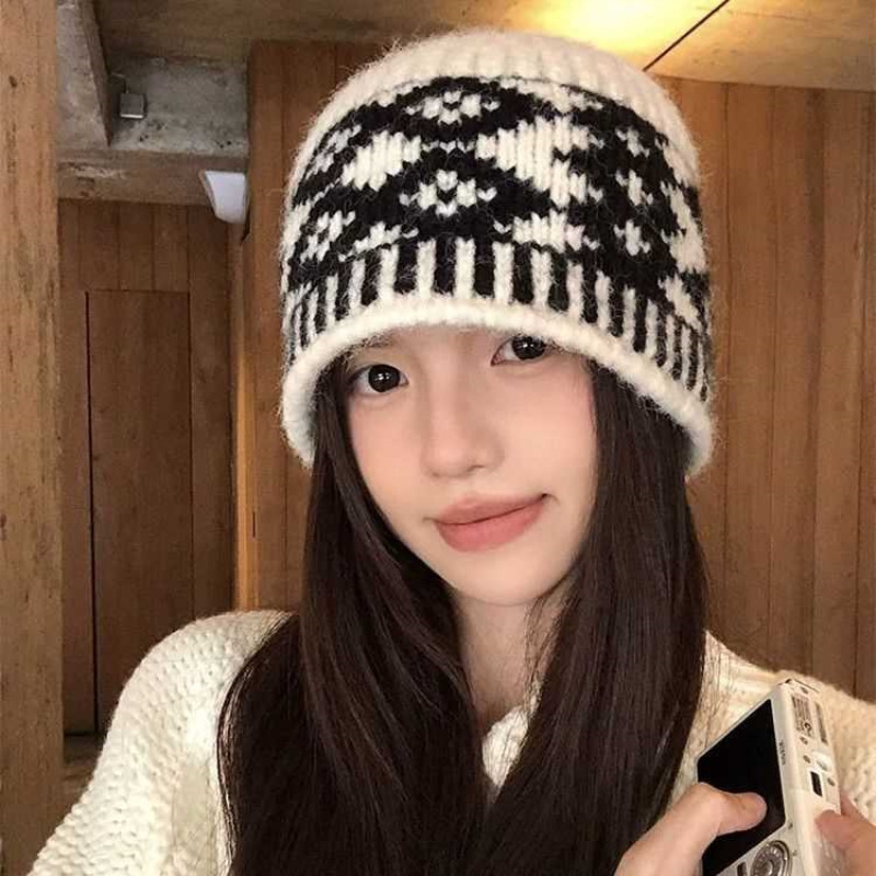 跨境外贸复古菱格针织帽毛线帽子女秋冬季小众设计感针织帽保暖防|undefined