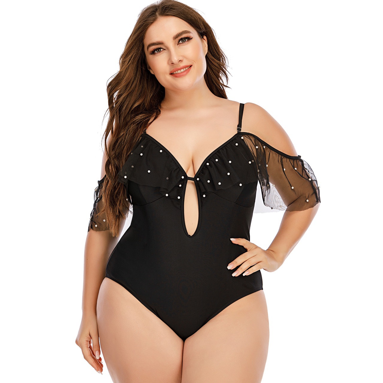 plus size sling low-cut backless hollow polka dots mesh one-piece swimsuit NSJHD125124