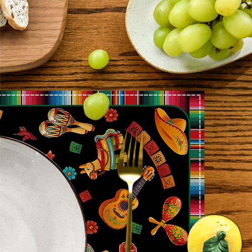 Mexican Style Linen Table Mat Rectangle Striped Print Heat Insulating Mat Kitchen Restaurant Decoration Dining Table Mat