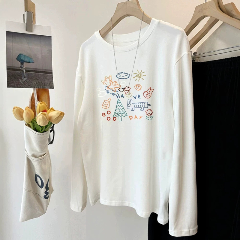 Printed cotton long-sleeve T-shirt for women, early autumn 2026, loose-fitting, slimming, age-reducing, plus-size top
