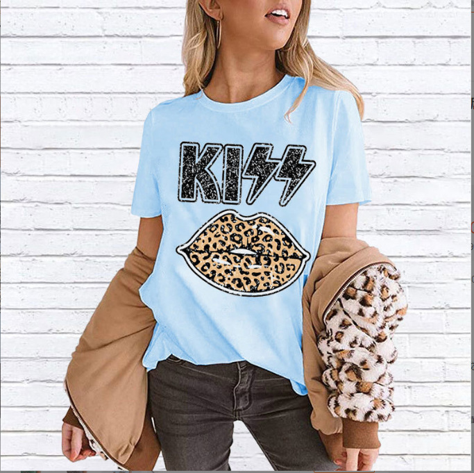 Summer Women's Top Kiss Letter Printed Leopard Lip Round Neck Short Sleeve T-shirt