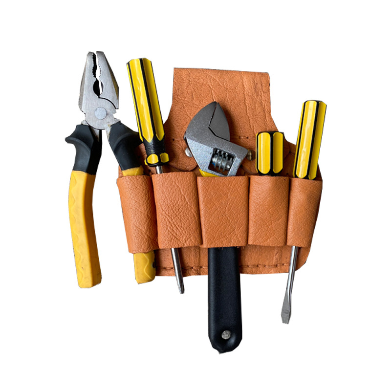 Primera capa de cuero de vaca alicates conjunto de cinco-conjunto de electricista anidado trabajo estuche de cuero kit sitio de construcción de protección laboral bolsa de cintura de electricista