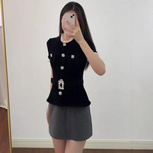 2025SP小香名媛腰带蕾丝领钻饰扣黑丝绒修身撞色短袖上衣250255