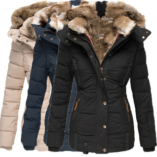 Amazon's New Winter Warm Fur Collar Cotton Outwear Women's Zipper Long-Sleeved Slim Cotton Outwear Hooded Outwear