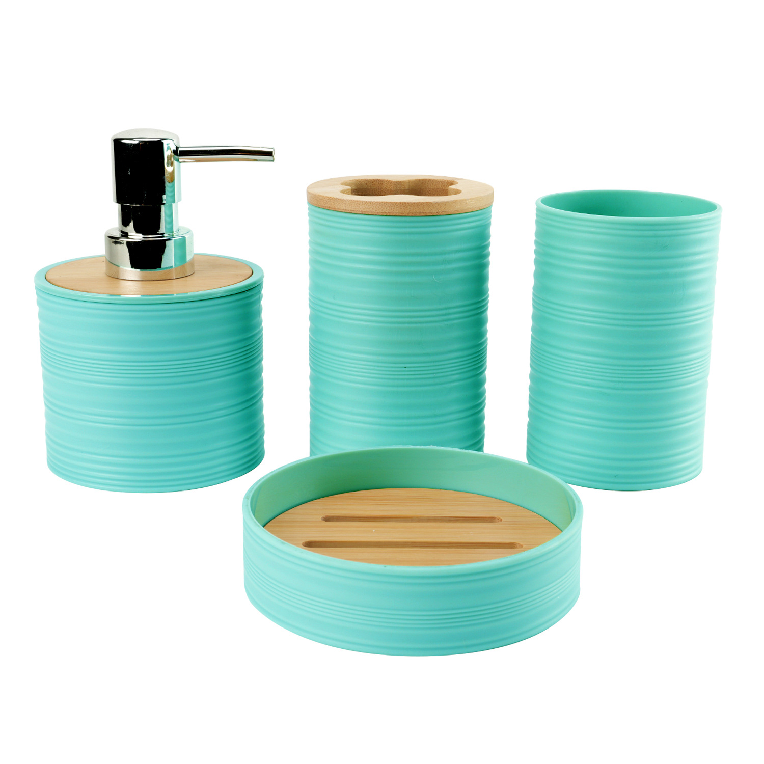 Tapa de bambú de patrón horizontal Juego de plástico de lavado de baño de cuatro piezas de fábrica al por mayor Estante de almacenamiento de baño Estante de enjuague Funda de estante de cepillo de dientes