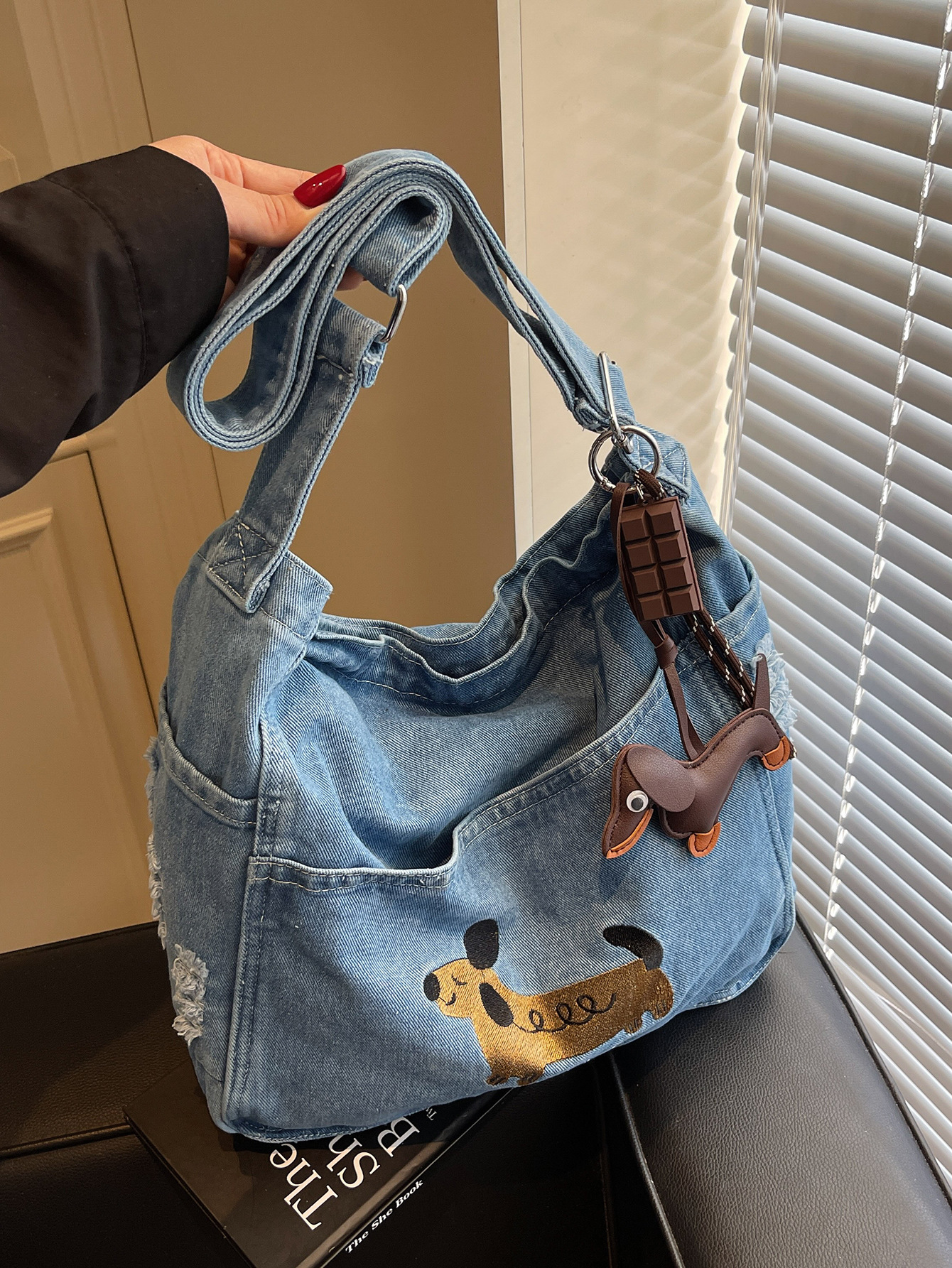 Single Shoulder Crossbody Bag Embroidered Denim Student Backpack Fabric Bag for Women Trendy Versatile Casual Dachshund Commuting New Model 2025