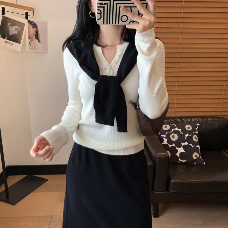 气质出众半开襟修身显瘦条纹针织上衣长袖打底衫女25秋冬|undefined