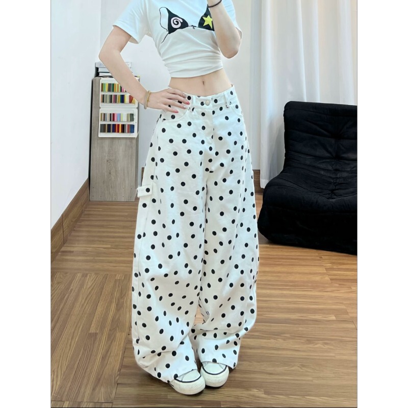 White Polka Dot Curved Hem Jeans for Women, 2026 Summer New Style, Heart Pocket Design Wide-Leg Pants White Polka Dot Curved Hem Jeans for Women, 2026 Summer New Style, Heart Pocket Design Wide-Leg Pants