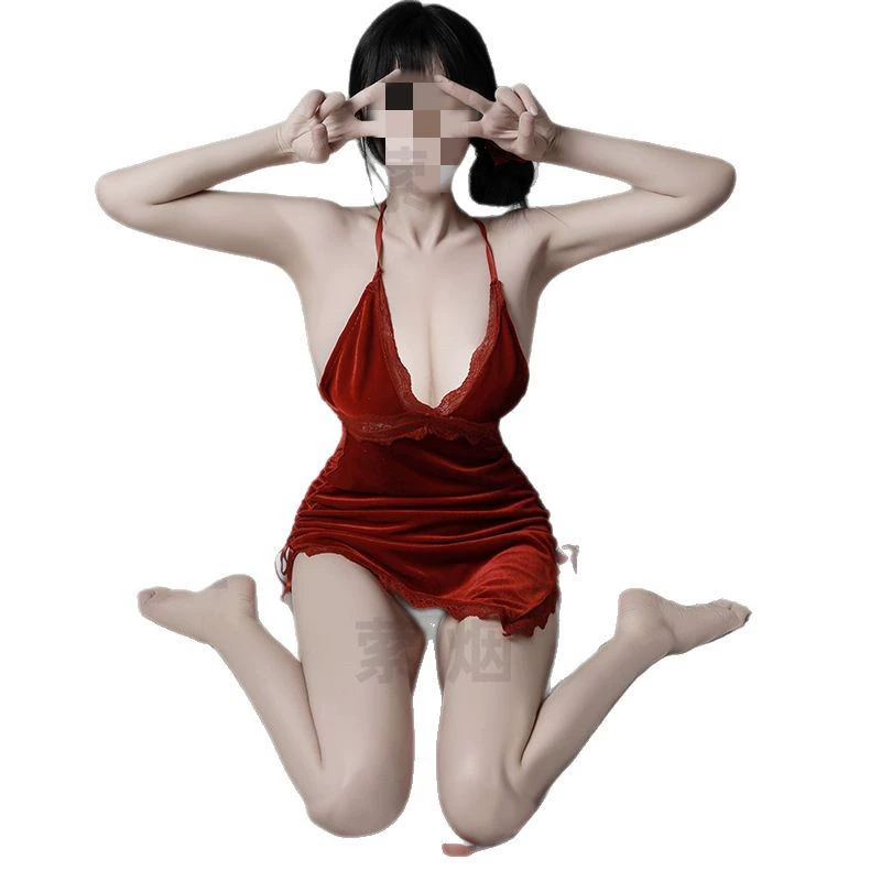 [性感丝绒诱惑整单深V露乳激情诱惑诱惑睡裙交叉系带露背诱惑整单]