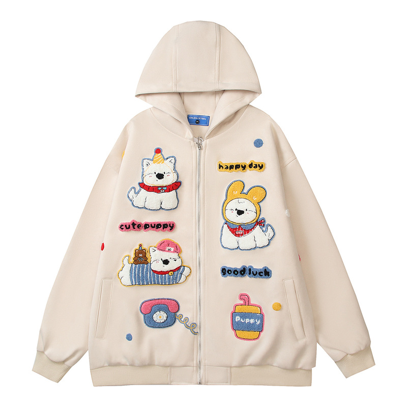 Spring American Retro Cute Puppy Embroidered Suede Hooded Jacket for Men and Women, Loose Casual Versatile Outerwear Spring American Retro Cute Puppy Embroidered Suede Hooded Jacket for Men and Women, Loose Casual Versatile Outerwear
