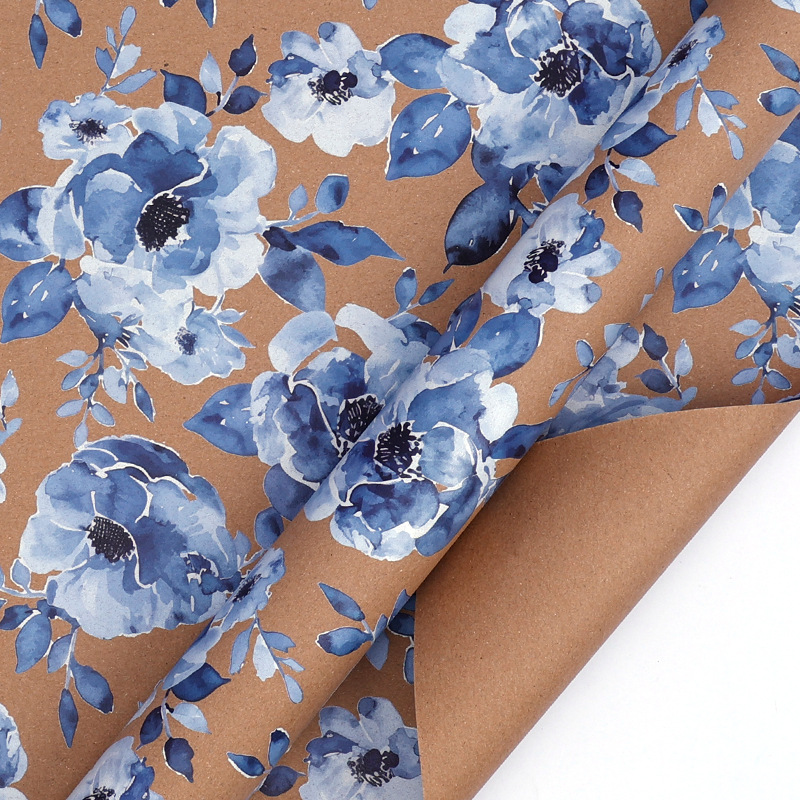 Papel de Regalo Kraft Impreso con Flores Estilo Pintado a Mano para Regalos de Cumpleaños