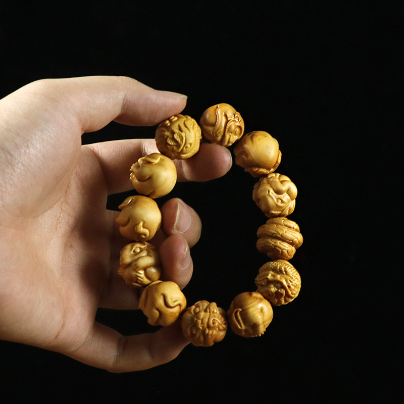 Handgeschnitztes Buchsbaum Armband Mit Zwölf Tierkreiszeichen_voghion.com