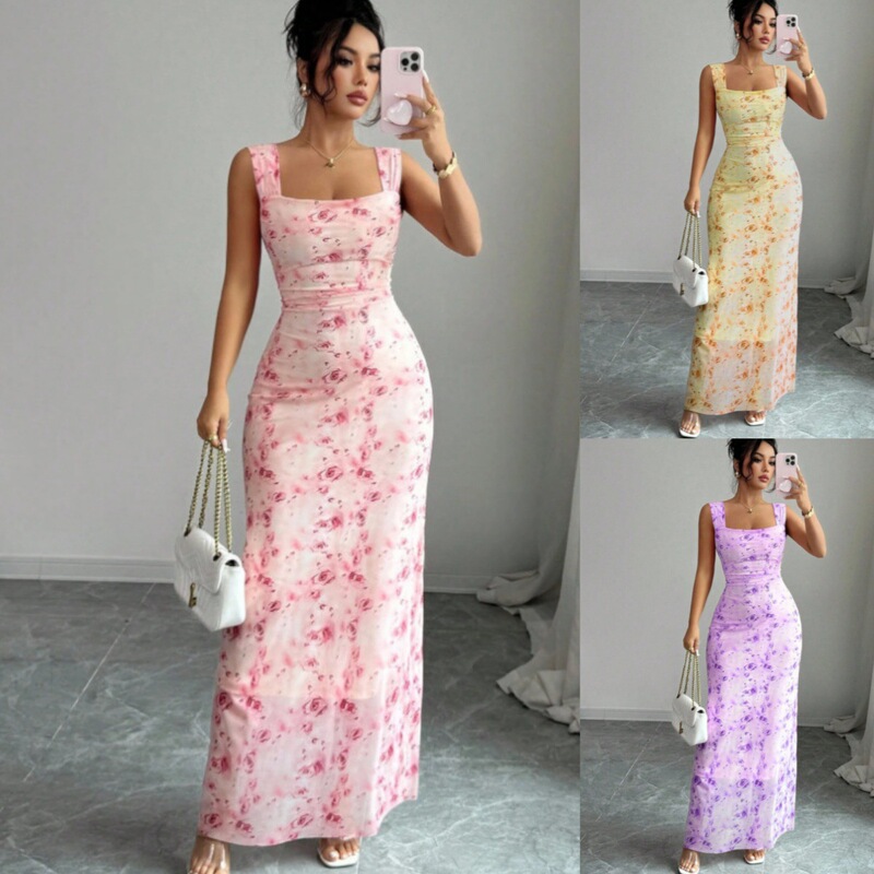 European and American Style Printed Dress, Square Neck, Sleeveless, Slim Fit, Knitted Long Dress, Fresh and Sweet Holiday Style Date Dress European and American Style Printed Dress, Square Neck, Sleeveless, Slim Fit, Knitted Long Dress, Fresh and Sweet Holiday Style Date Dress