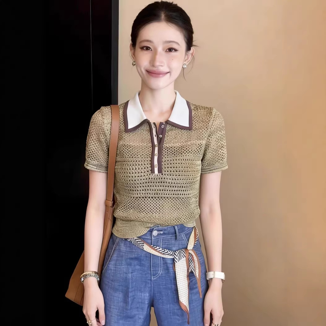 Áo thun dệt kim nữ cổ polo ngắn tay, phong cách Hàn Quốc, thiết kế hở vai lửng — màu sắc chi tiết 4