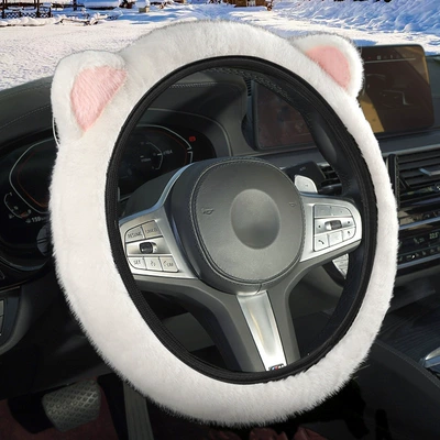 plush cat ears car handle | Steering wheel cover - white-38cm