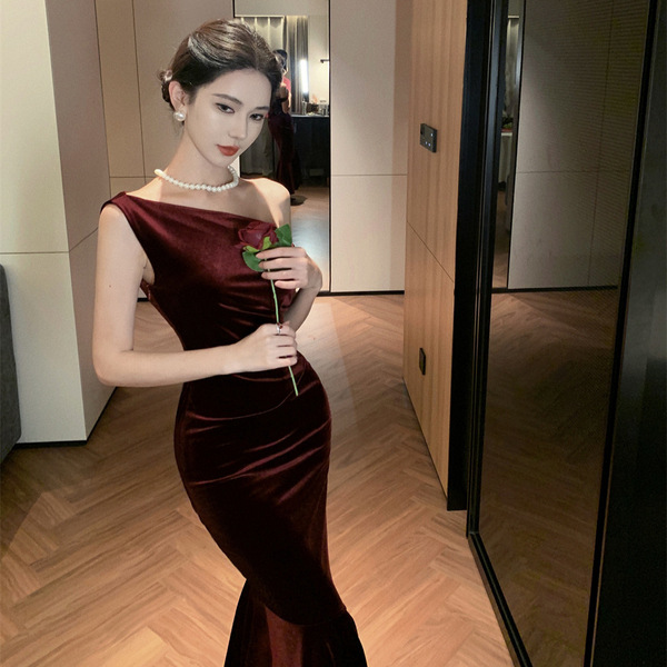 Red velvet evening dress