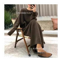 跨境外贸直筒裙+毛衣两件套秋冬新款慵懒风欧美大码套装针织衫女