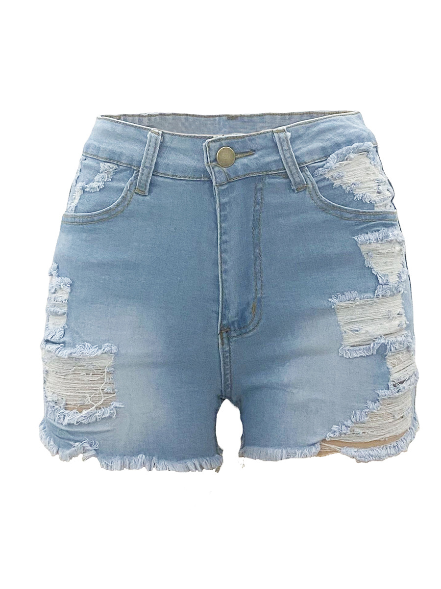 women's New high elastic perforated jeans, denim shorts _voghion.com