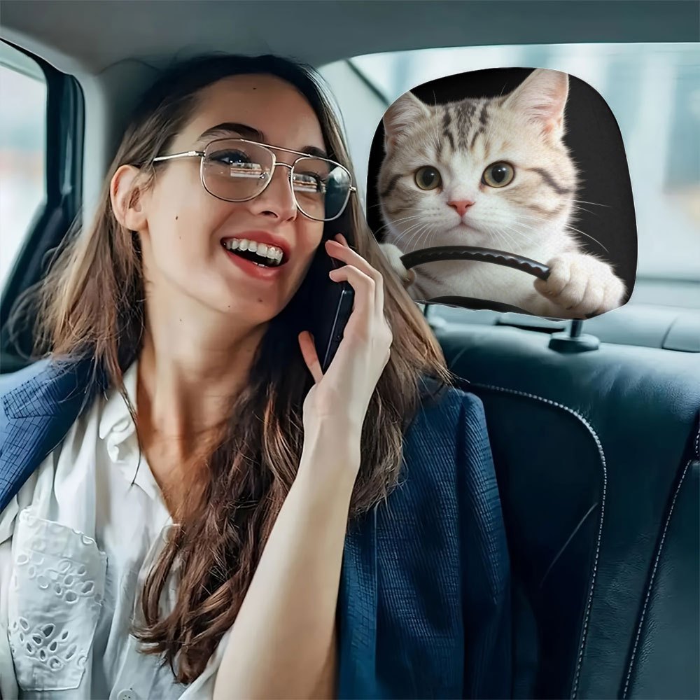 Car seat headrest cover with cute cat theme, personalized print, universal for car interiors, can be customized with labels and made according to provided images