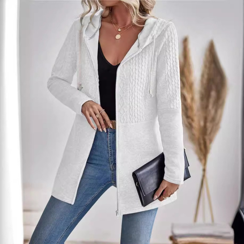 European and American Cross-Border 2024 Women's Spring & Fall Pure Color Corrugated Stitching Casual Loose Women's Drawstring Hooded Jacket