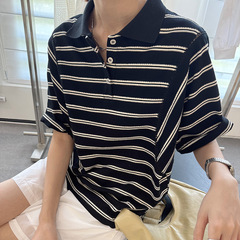 黎諾夏新作カジュアルストライプpoloシャツ半袖tシャツ女性2025デザイン感があります。
