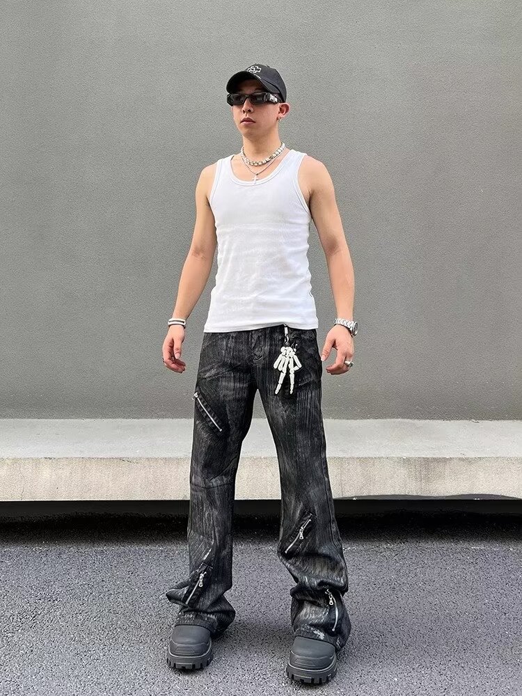 Men's Retro Distressed Flared Jeans High Street Style Loose Fit Zipper Design Cool And Edgy Long Pants_mkmklike.com