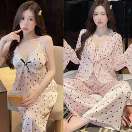 睡衣女带胸垫爱心冰雪丝吊带性感家居服三件套图片色冰丝缎面长袖