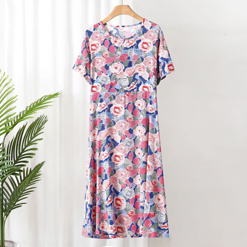 Cotton Silk Printed Vintage Dress Summer Mother's Round Neck Short-sleeved Large Dress Fashionable Simple Floral Long Dress
