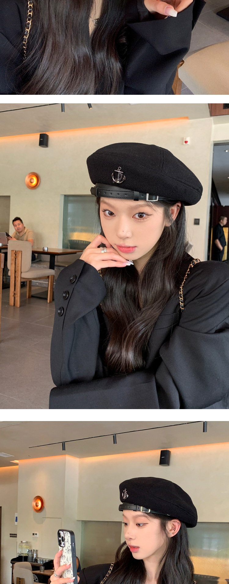 Zwarte baret Dames Herfst en Winter Knop Display Gezicht Flat Top Artist Hat Mode Net Rood ins_voghion.com