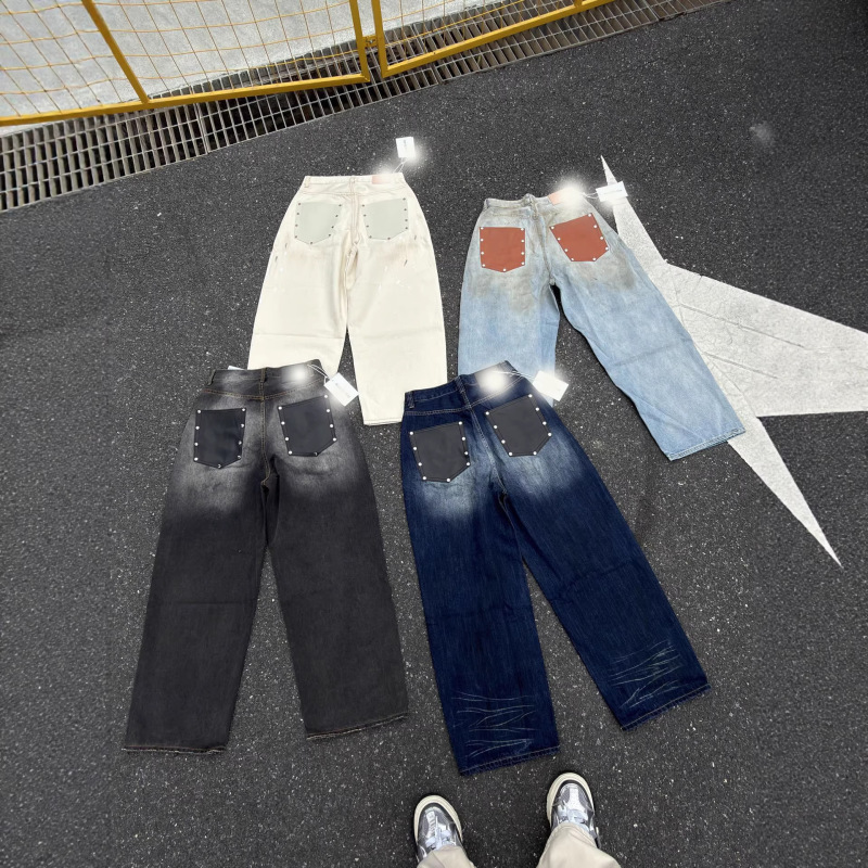 Ac Vintage Leather Pocket Collection Loose Dirty-Look Splatter Denim Wide-Leg Pants Long Pants Ac Vintage Leather Pocket Collection Loose Dirty-Look Splatter Denim Wide-Leg Pants Long Pants