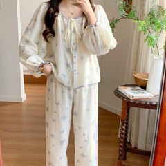 韩国ins女士春秋新品韩版韩系简约舒适花边睡衣套装休闲家居服女