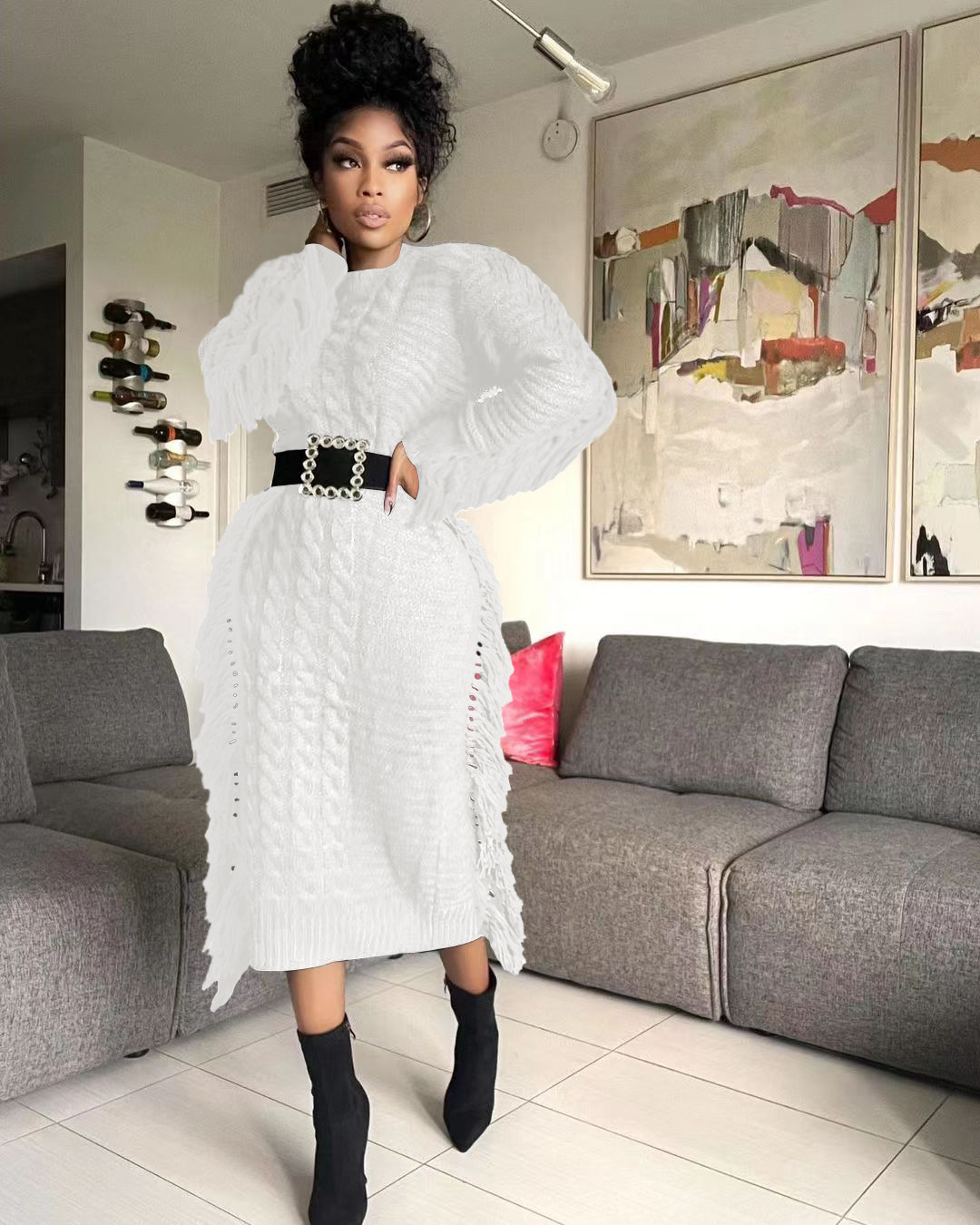 Robe pull femme avec franges longues en maille pour l'hiver_voghion.com