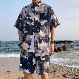 山力达迪海边沙滩夏威夷短袖花衬衫套装男夏季潮牌衬衣沙滩服度假