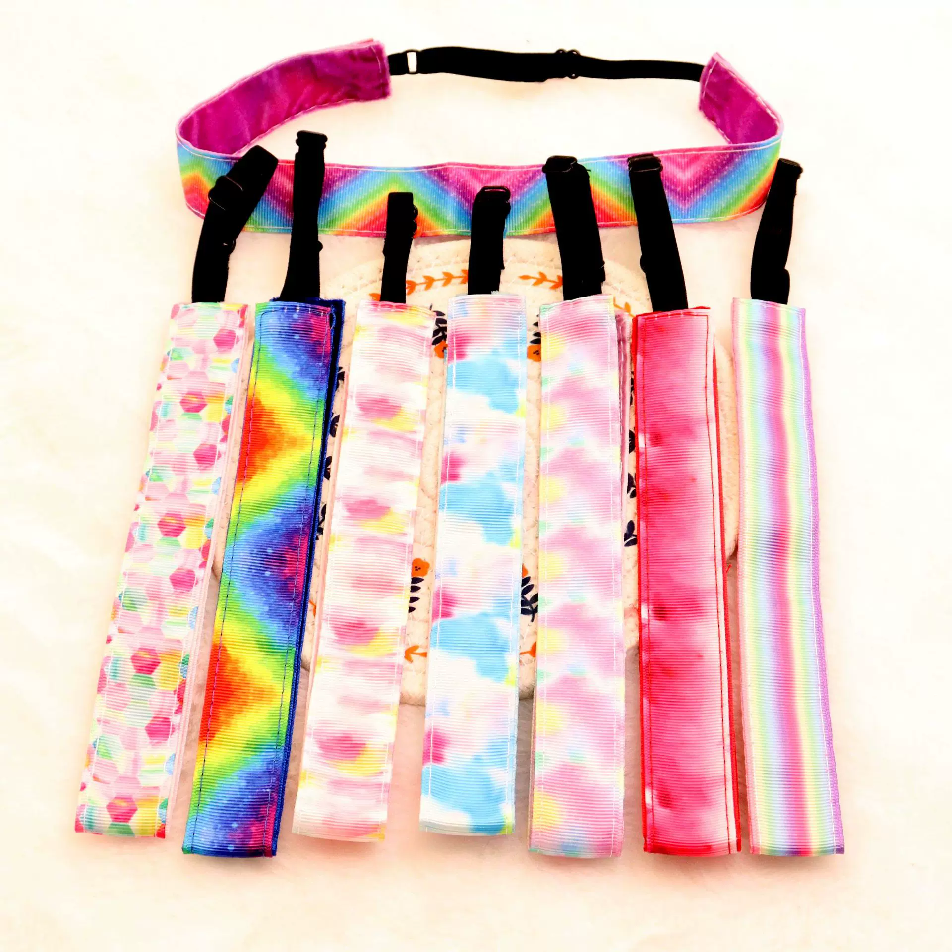 跨境儿童运动防滑扎染发带渐变彩虹辫子带头发箍头饰8色批发碎发