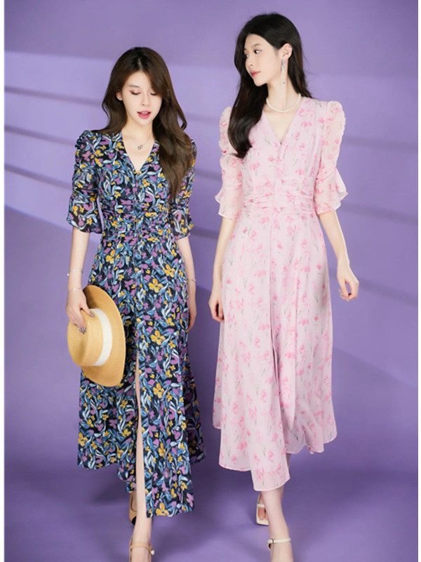 Đầm maxi nữ thắt eo họa tiết hoa nhí kiểu Pháp — Hồng anh đào mộng mơ