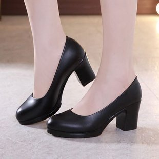 Summer New Coarse Heeled Waterproof Platform Etiquette Work Shoes Black Cheongsam Professional High Heeled Leather Shoes Women's Shoes