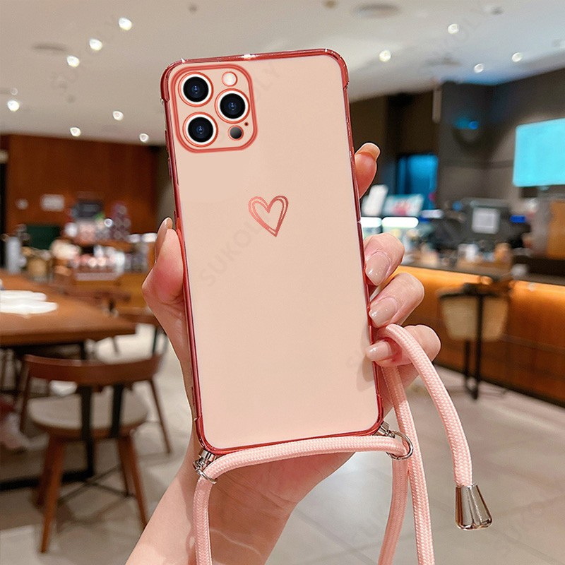 Funda para teléfono con cordón en forma de corazón galvanizado, adecuada para iPhone 17, funda protectora cruzada anticaídas para Apple 16PRO, 15, XSMAX image 9